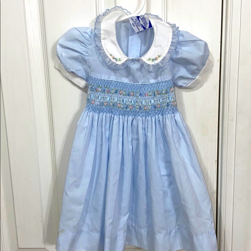 Baby Girl Blue Smocked Vintage Style Dress